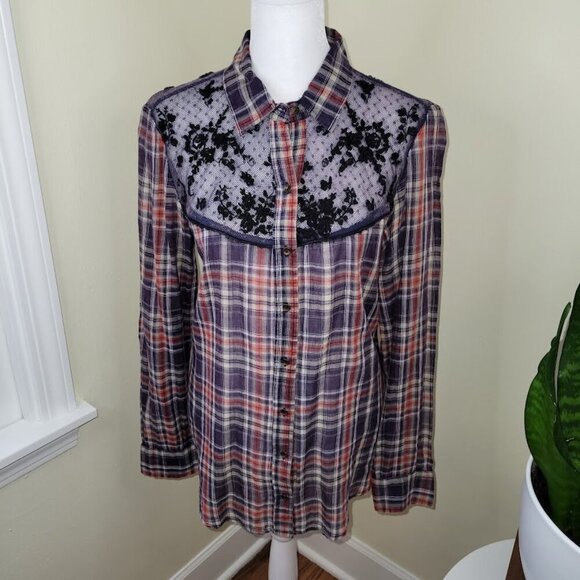 Free People Floral Lace Insert Plaid Cotton Top Long Sleeve Women's Size S - Picture 2 of 13